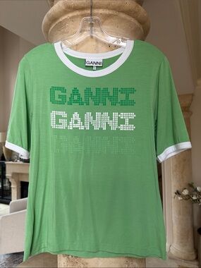Ganni Green Tee with White Trim and Logo Print